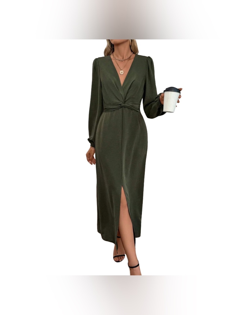 V-Neck Twist Front Long Sleeve Maxi Dress - Olive